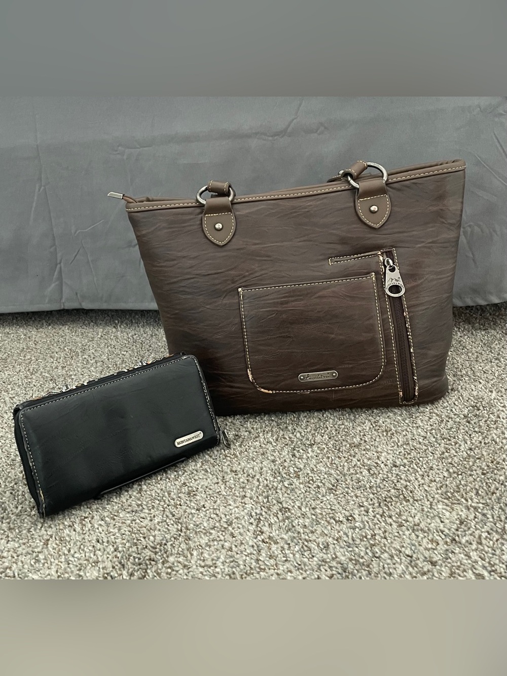 Montana West embellished Aztec southwest tote bag and wallet set. Brown / Black - Picture 2 of 16